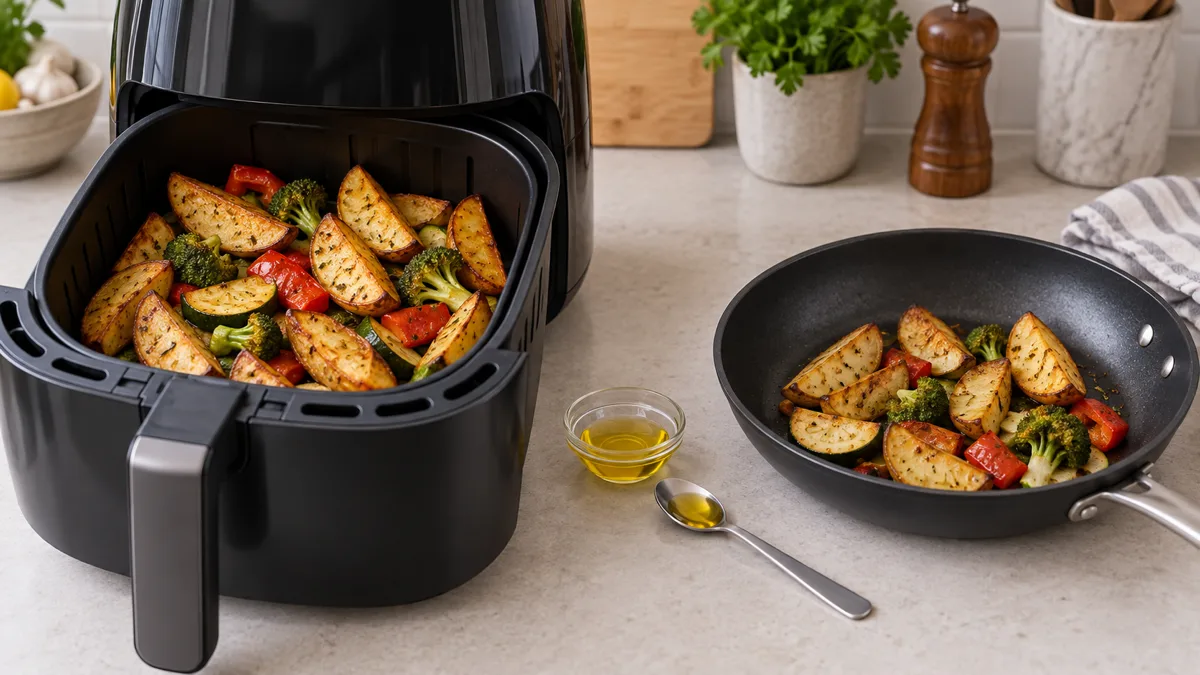 An air-fryer basket and frying pan with roasted vegetables beside a spoonful of oil