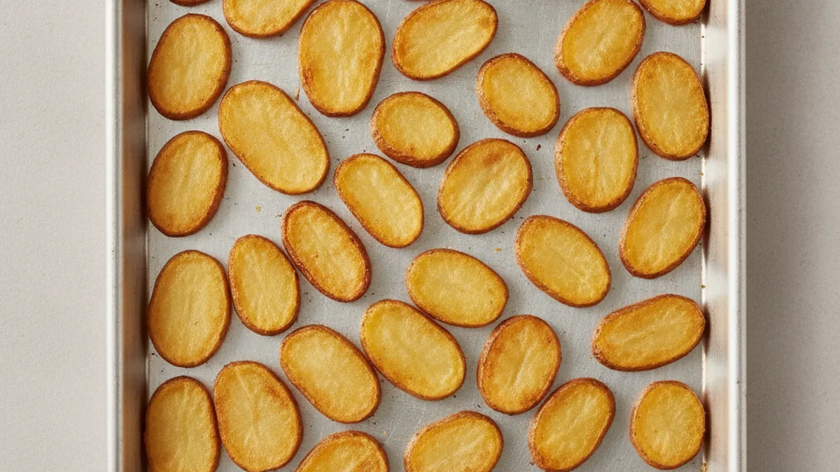 Baking sheet with potato slices baked to a golden color
