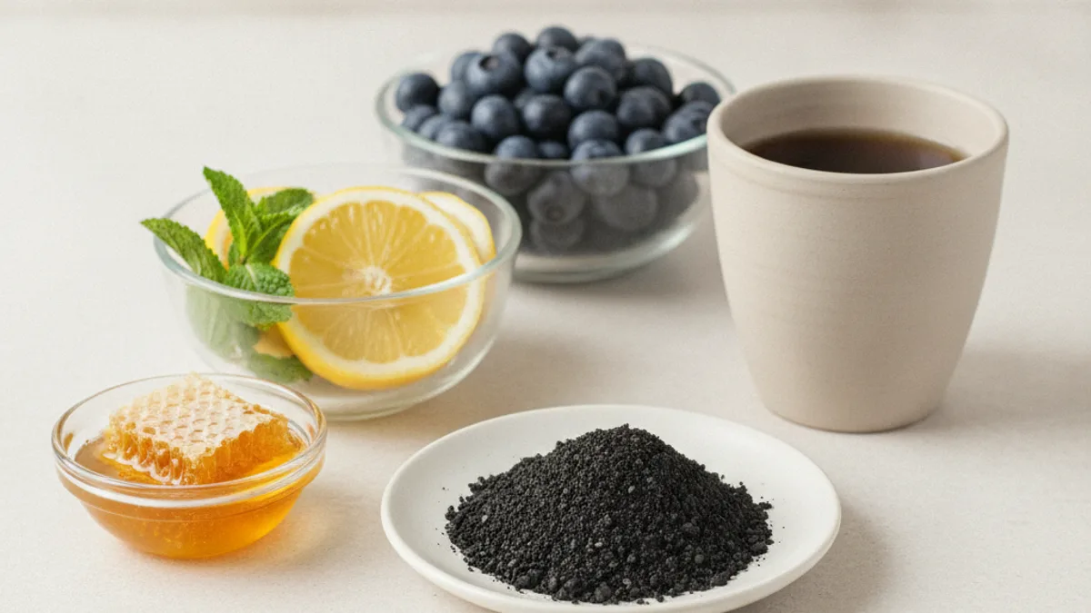 Black activated charcoal tablets on a light surface next to a glass of water