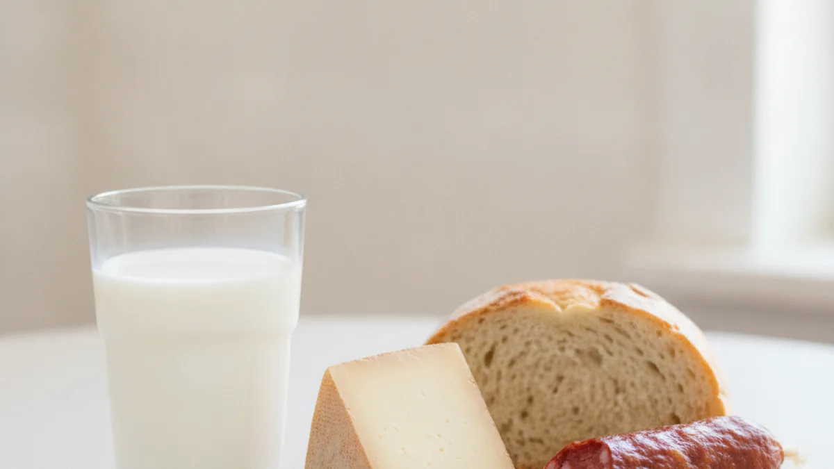 Стакан молока и рядом упаковки продуктов, в составе которых встречается молочный белок