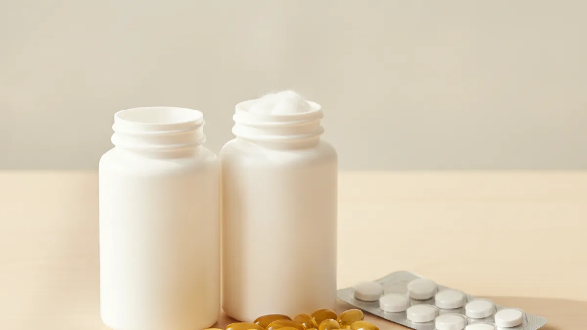 Two identical white jars without labels, one is open with a cotton swab, yellow capsules are scattered in front of them, and a blister pack of pills is lying nearby.