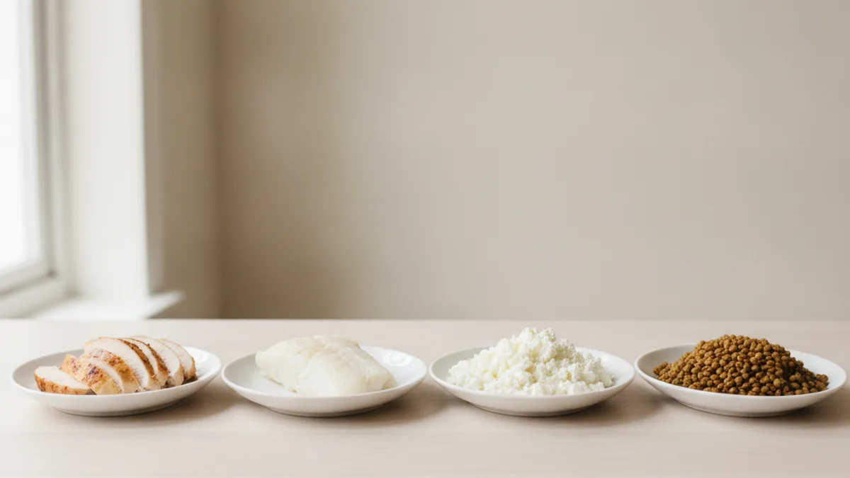 Четыре белые тарелки в ряд: отварная куриная грудка, белая рыба, творог и варёная чечевица