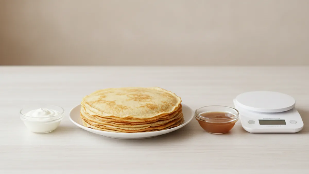 A stack of thin blini on a plate beside bowls of sour cream and honey and digital kitchen scales
