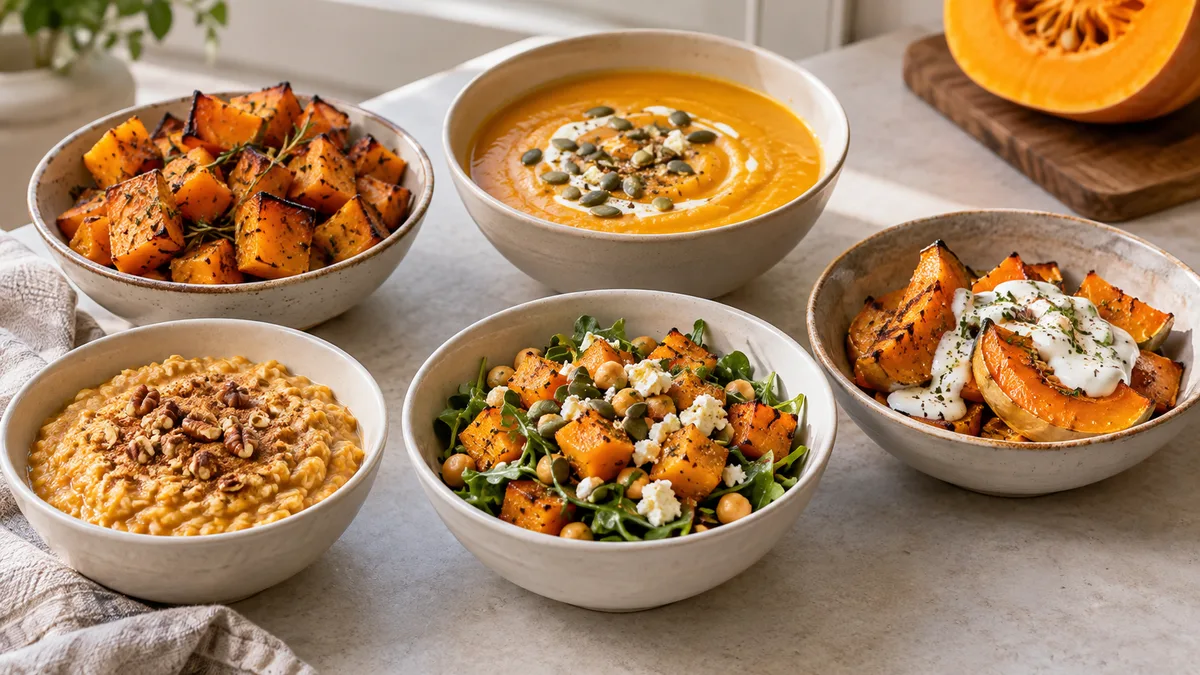 Roasted pumpkin, pumpkin soup and chickpea salad on a light table