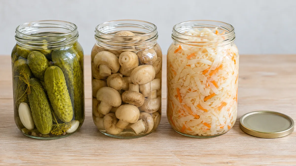Glass jars with homemade preserves in a row on a light-colored table, with a seaming lid lying nearby