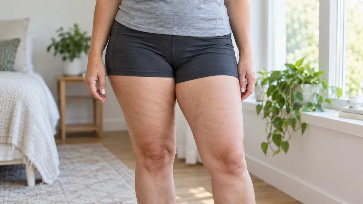 An adult woman in athletic shorts standing in a bright room, framed from waist to knees