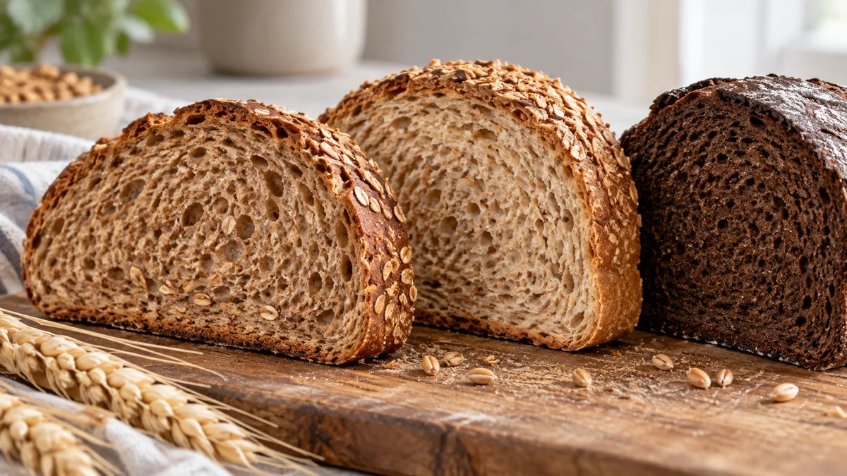 Three slices of light and dark bread on a wooden board, with wheat kernels and ears nearby