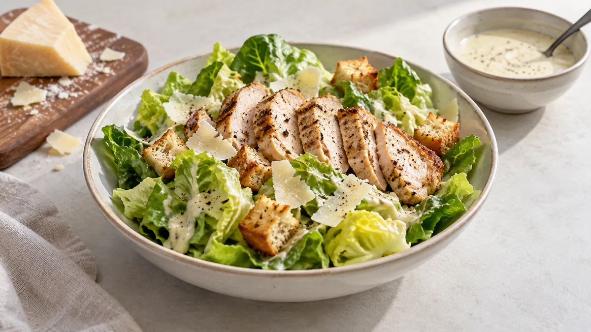 Homemade chicken Caesar with cheese and croutons beside a small bowl of dressing