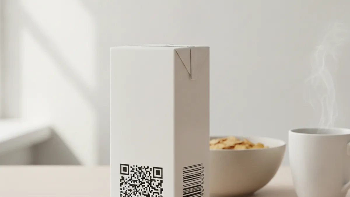 Квадратный код Data Matrix на упаковке молочного продукта крупным планом, рядом край обычного полосатого штрихкода