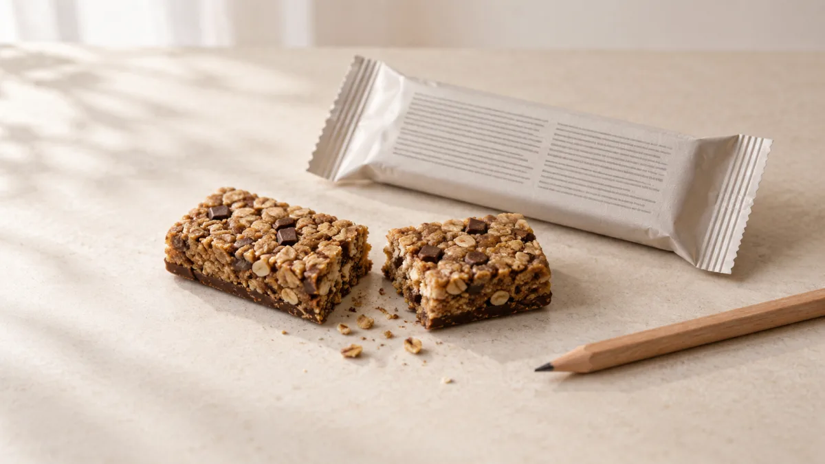 A food bar cut in half next to its packaging turned face down and a pencil