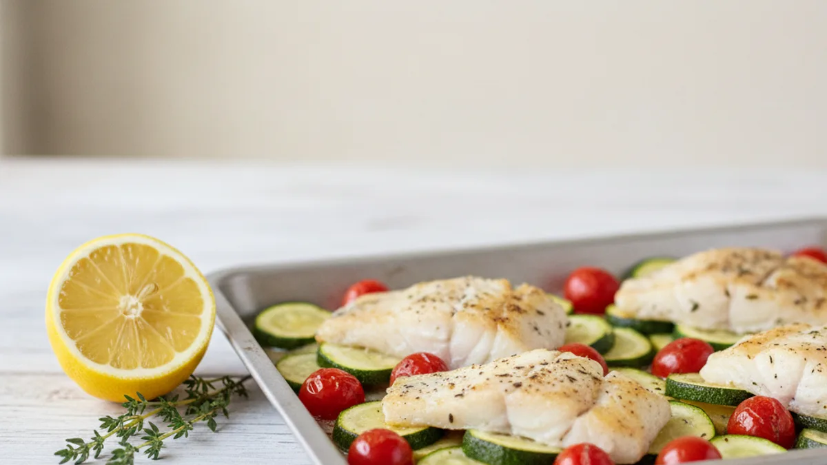 Baking sheet with baked white fish fillet and vegetables, a lemon and a sprig of thyme nearby