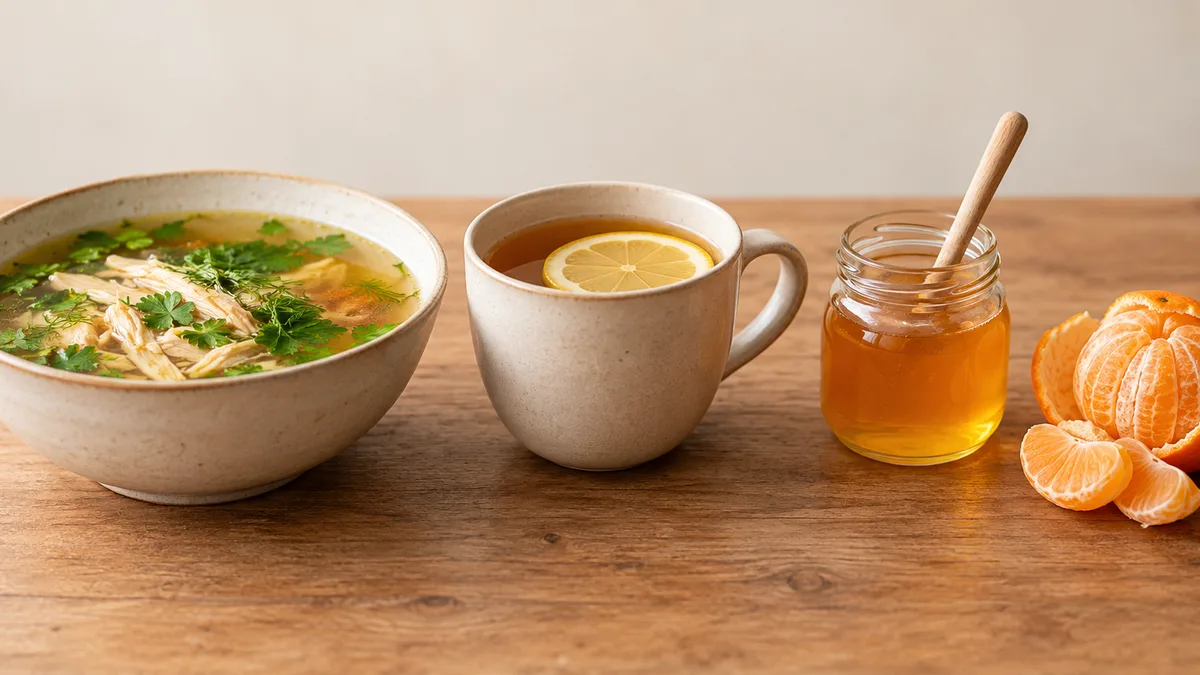 A cup of chicken broth, a cup of tea with lemon, a jar of honey and a peeled tangerine on a wooden table