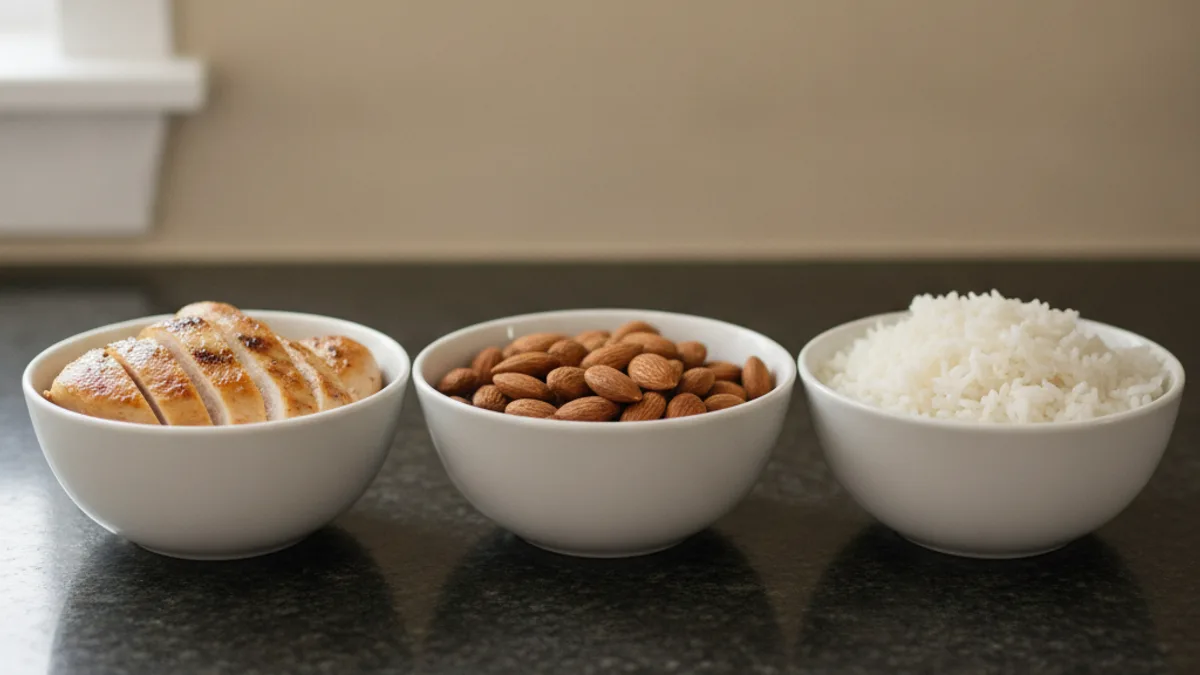 Three identical white bowls in a row on a dark granite countertop: slices of baked chicken, a handful of almonds, and boiled white rice