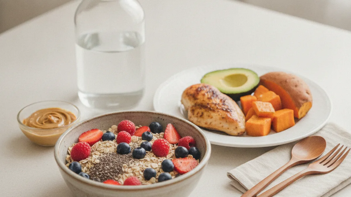 A bowl of oats with berries and chia seeds, a plate of grilled chicken breast with avocado and roast sweet potato, a small dish of peanut butter and a bottle of water on a pale table