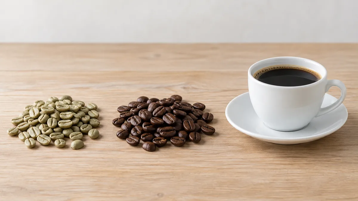 Green coffee beans, roasted beans, and a cup of black coffee in a row on a light table