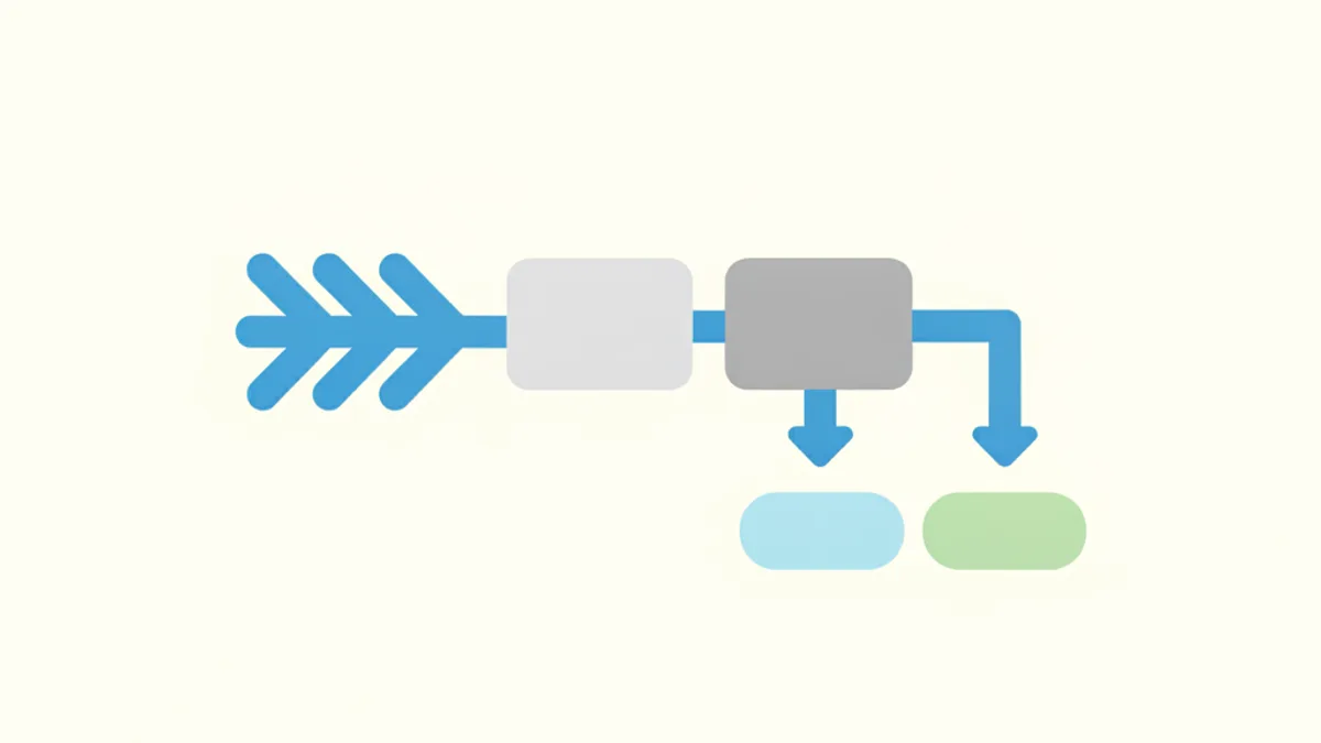 Diagram: a blue arrow on the left enters two gray rectangles in a row, from which two arrows point downward to blue and green capsules