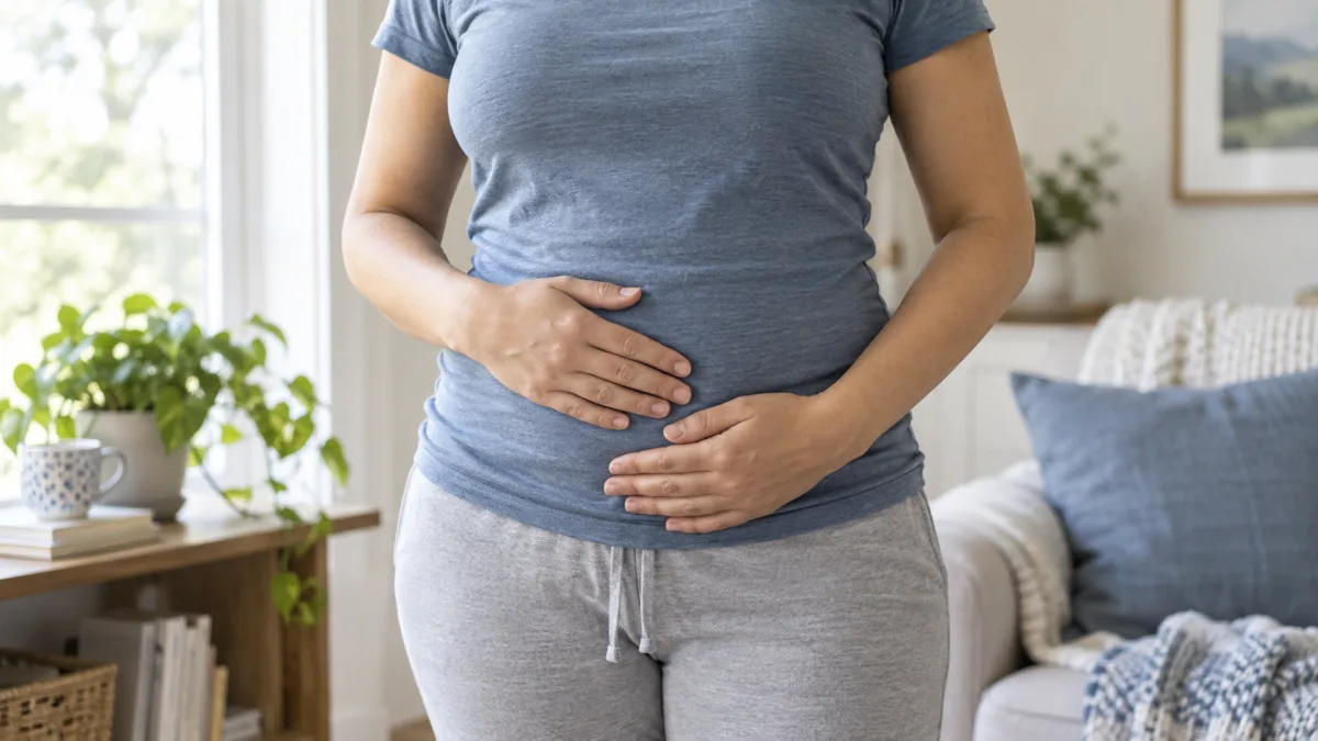 An adult woman in comfortable clothes resting both hands on her abdomen in a bright room