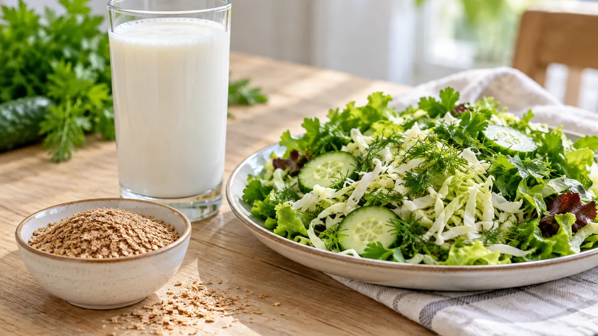 A glass of kefir, a small bowl of bran and a plate of cabbage, cucumber and herb salad on a wooden table