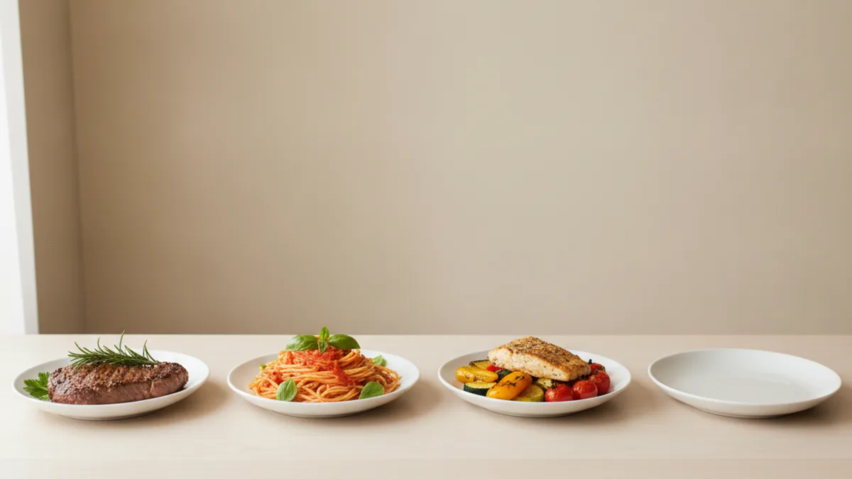 Four white plates in a row on a long table: steak with rosemary, spaghetti with tomato sauce, fish with vegetables, and an empty plate