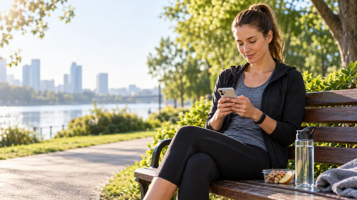 A runner in sportswear holds a light snack and a smartphone after a run