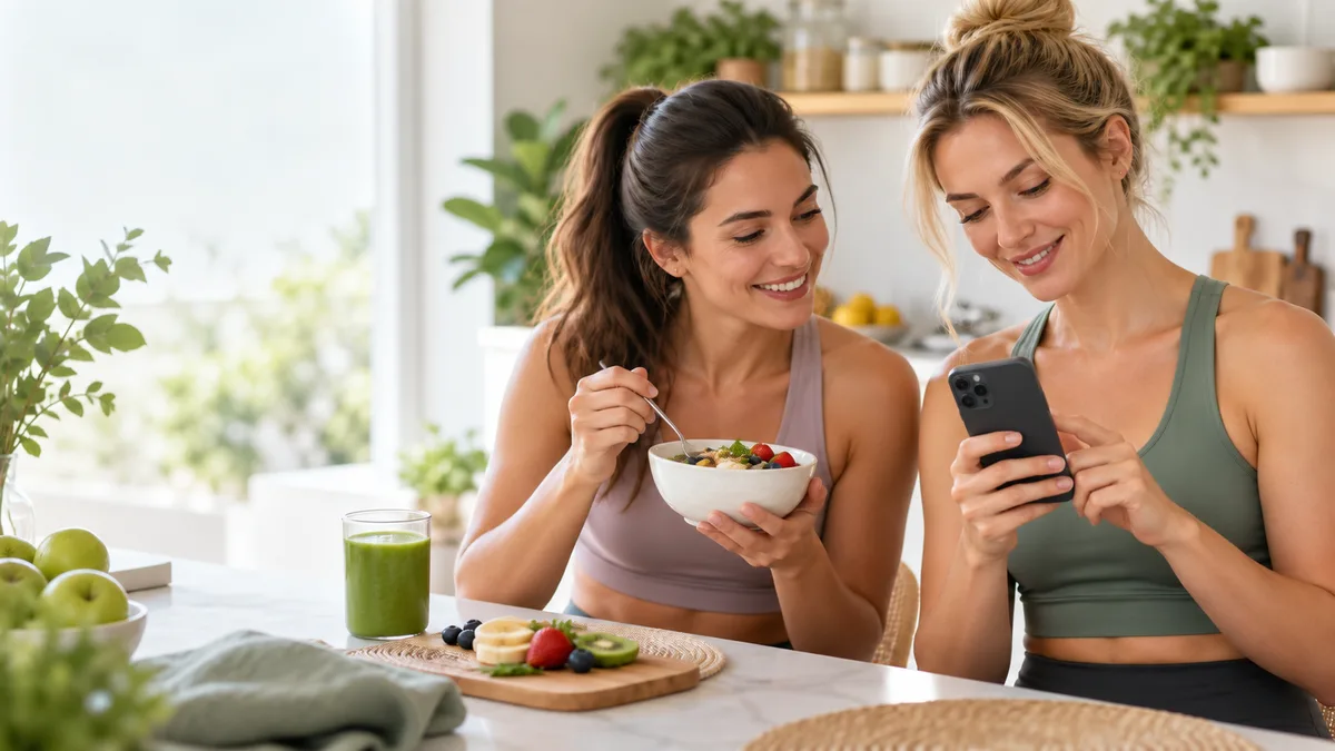 A person in a kitchen photographs a plate of home-cooked food before adding it to a food diary