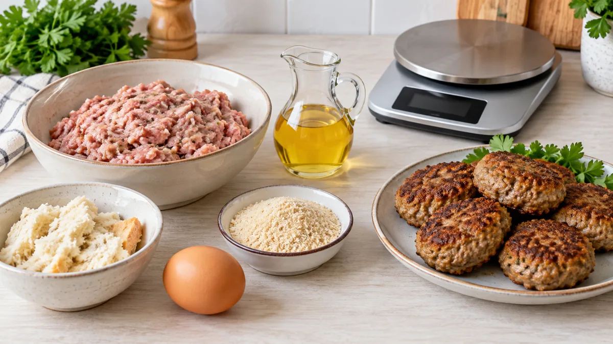Домашние котлеты рядом с мисками фарша, хлеба и панировки и кухонными весами