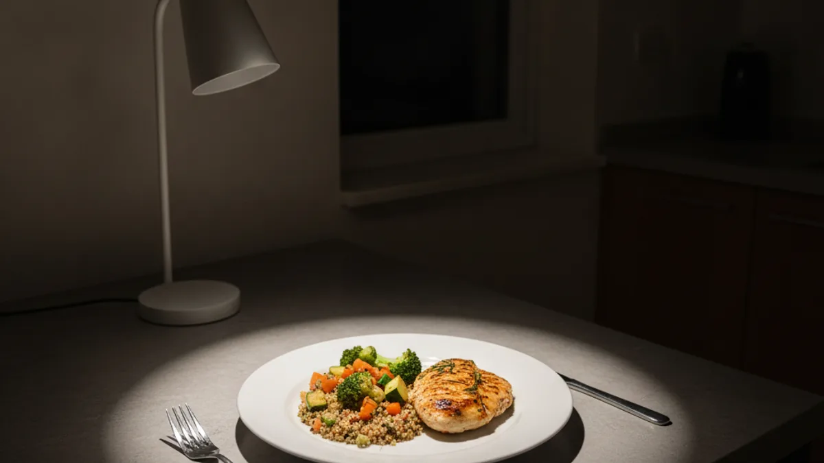 A white plate with chicken breast, grains, and vegetables in the circle of light from a desk lamp in a dark kitchen, with a fork and knife nearby