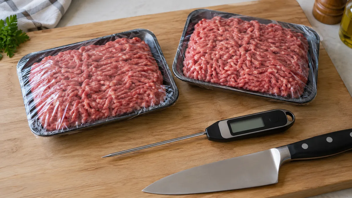 Two trays of raw ground meat under clear film on a wooden board, with a digital probe thermometer beside them
