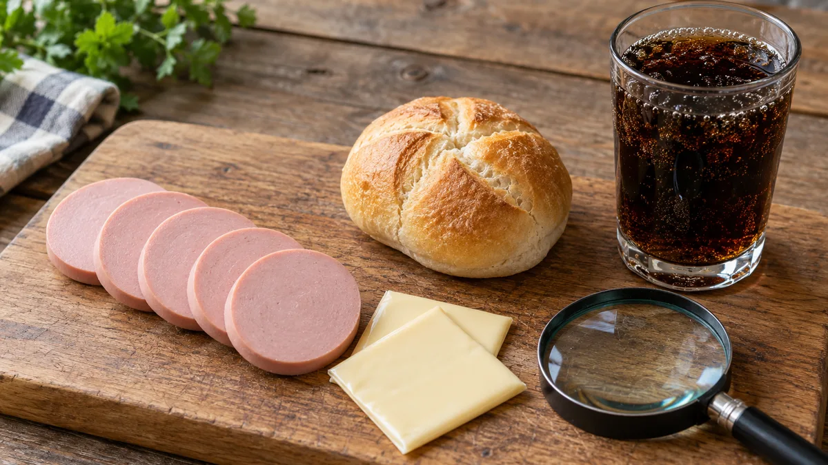 Slices of cooked sausage, processed cheese, a bread roll and a glass of dark soda on a wooden board beside a magnifying glass