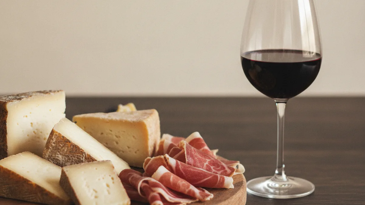 A board with aged cheese, cured meat, and a glass of red wine on a dark table