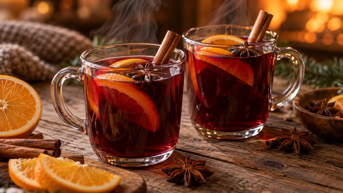 Two glass mugs of hot mulled wine with orange slices, cinnamon and star anise on a wooden table