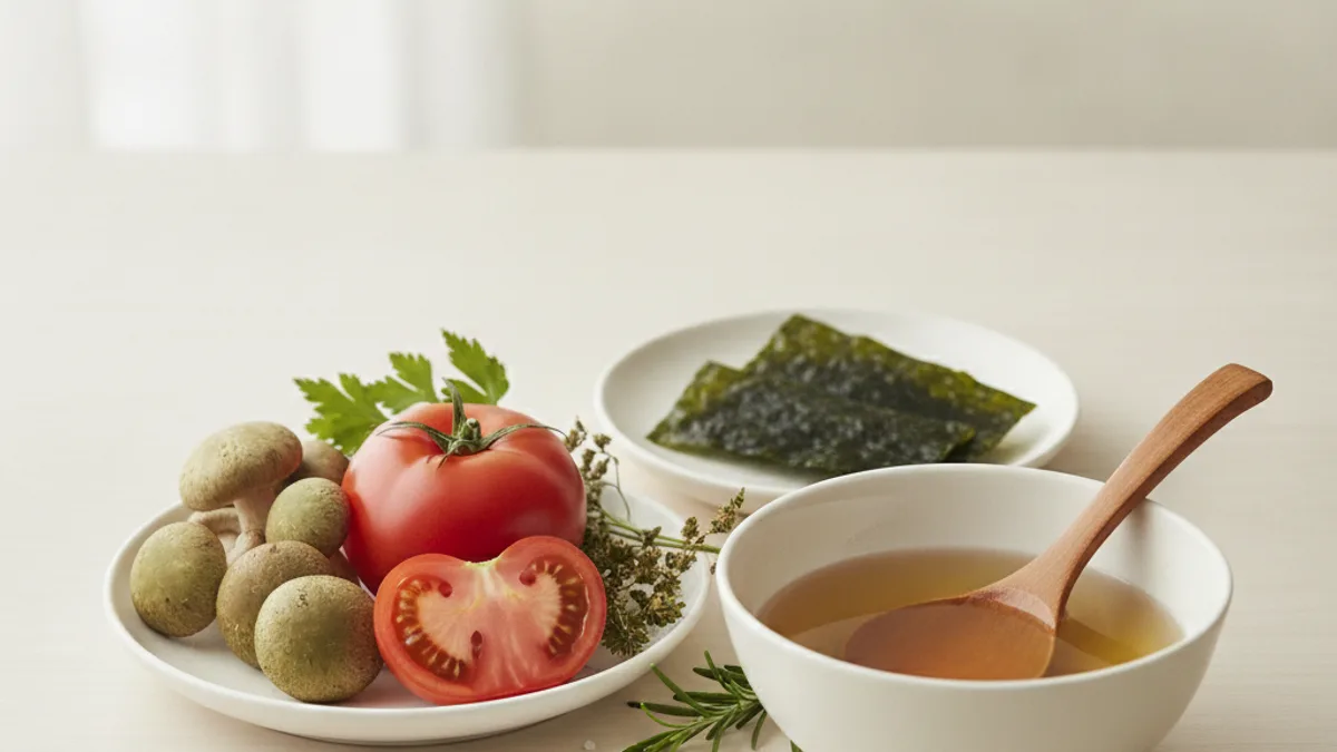 White crystalline powder of monosodium glutamate in a ceramic spoon next to a piece of aged cheese, ripe tomatoes, and a bottle of soy sauce on a wooden table
