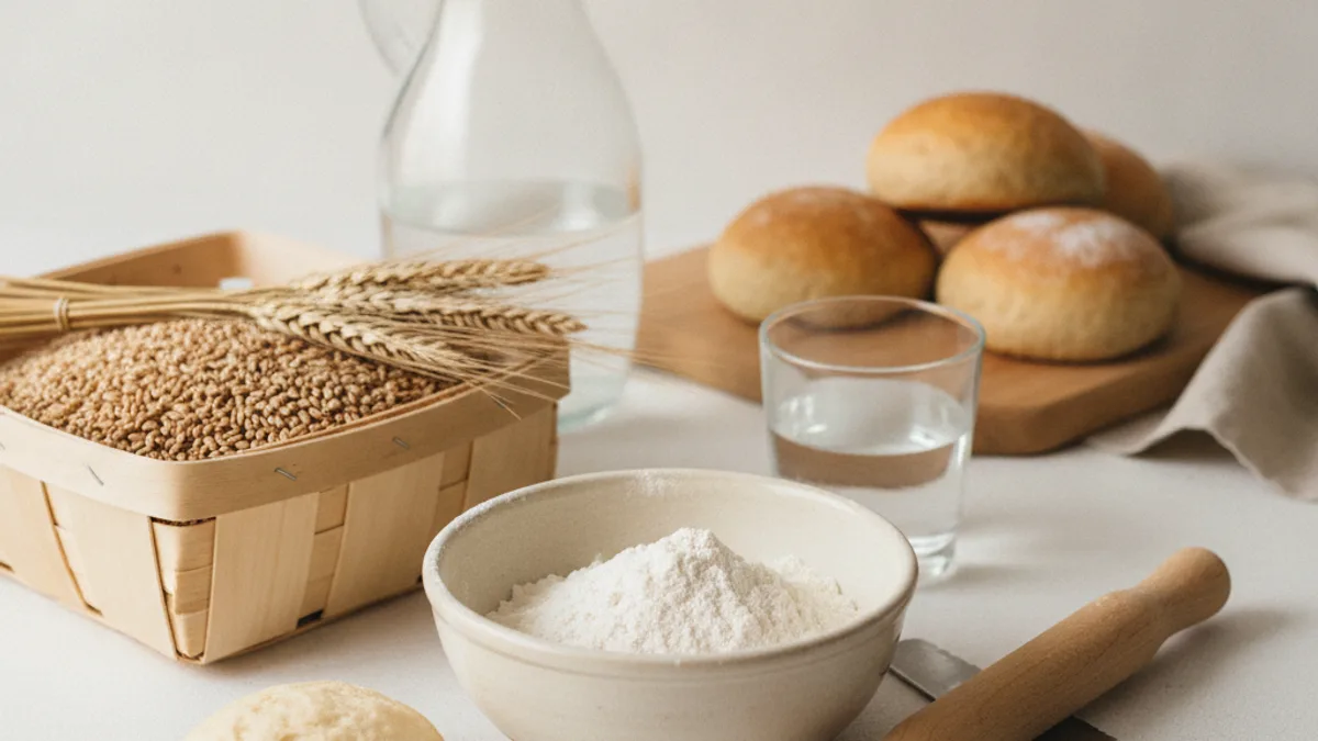 Wheat ears and a torn loaf of bread on a wooden board, with flour and grains of rye and barley beside them