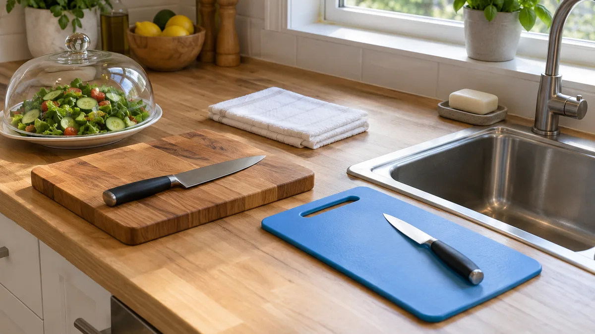 Two chopping boards, soap and a towel on a kitchen counter beside a covered dish for a guest