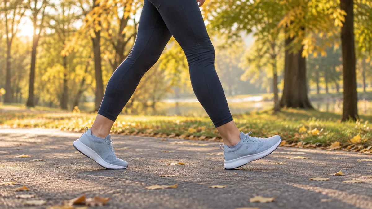 Legs in grey trainers on a park path with autumn leaves, walking at a brisk pace