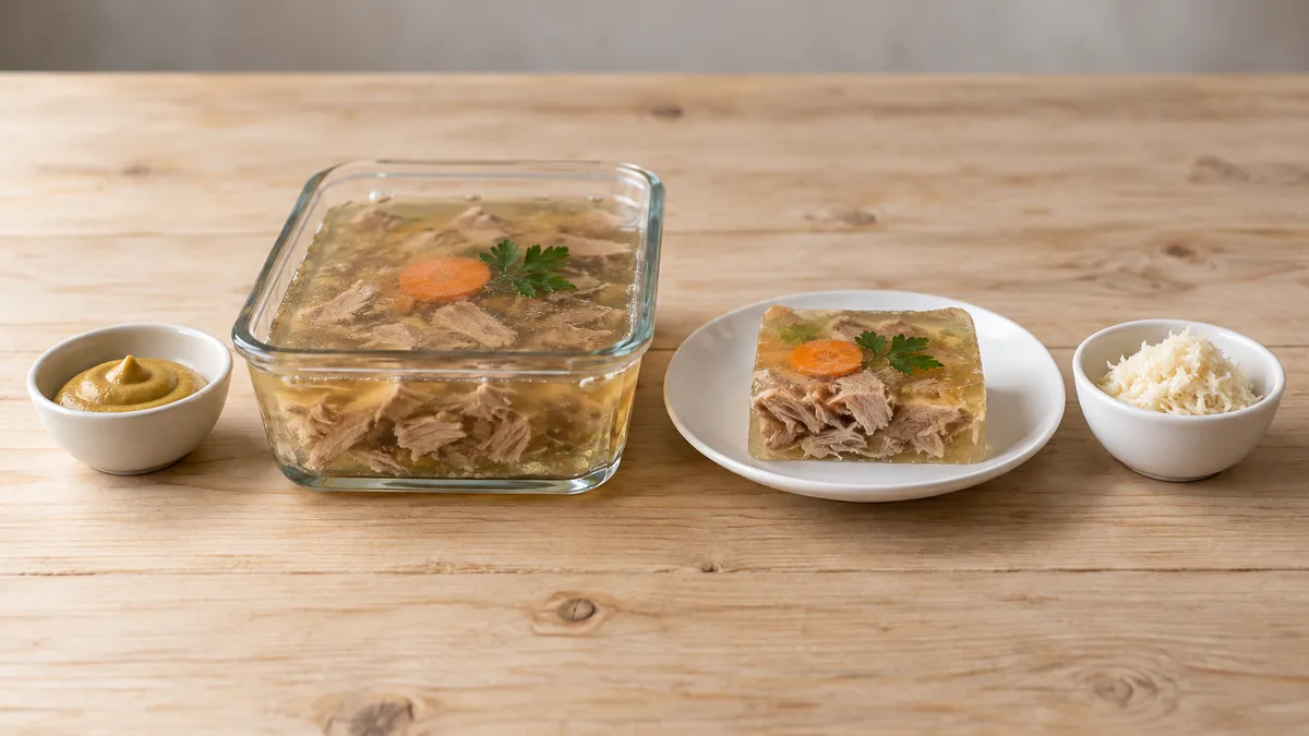 A slice of homemade kholodets on a plate beside a glass dish, a bowl of mustard and a bowl of grated horseradish