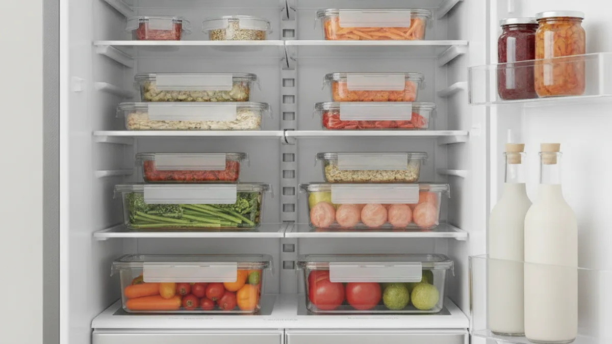 Open refrigerator with food on shelves: containers, vegetables in the bottom drawer, jars on the door