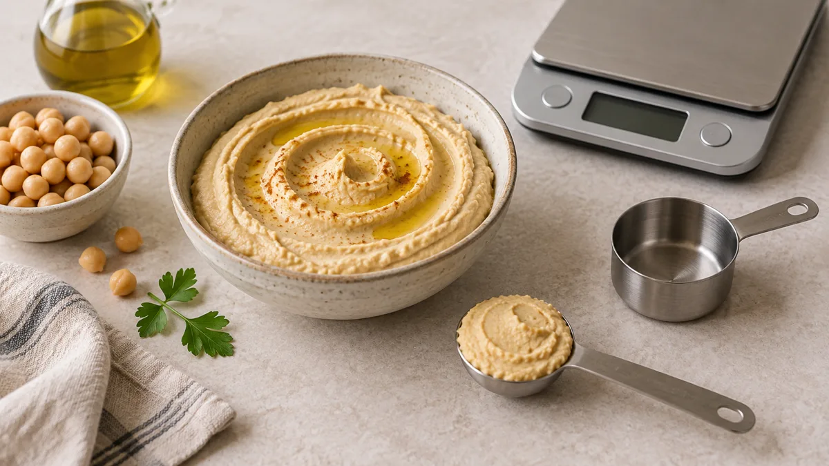Bowl of hummus, chickpeas, and tablespoon beside kitchen scales