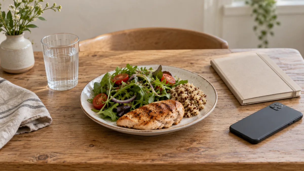 A plate of food next to a notebook and a phone; no scales or measuring cups on the table