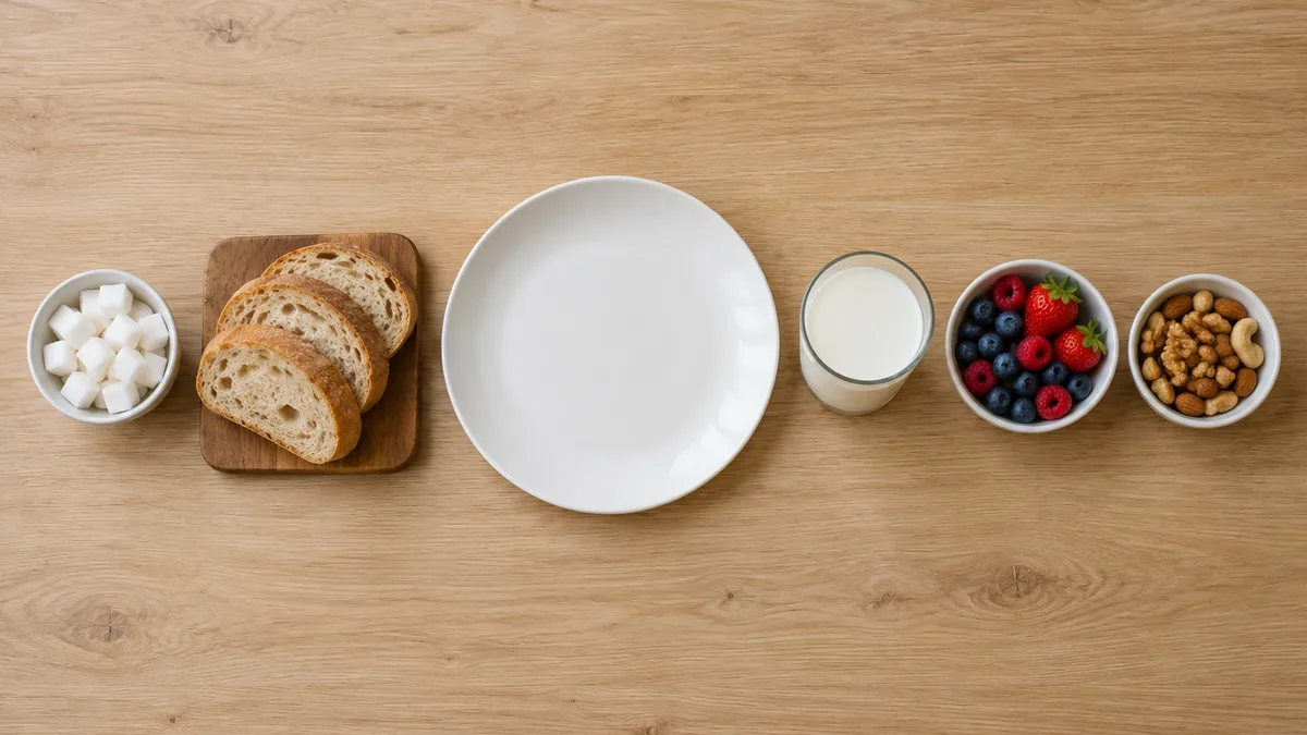 A bowl of sugar, bread, a glass of milk, berries and nuts in a row around an empty plate on a wooden table
