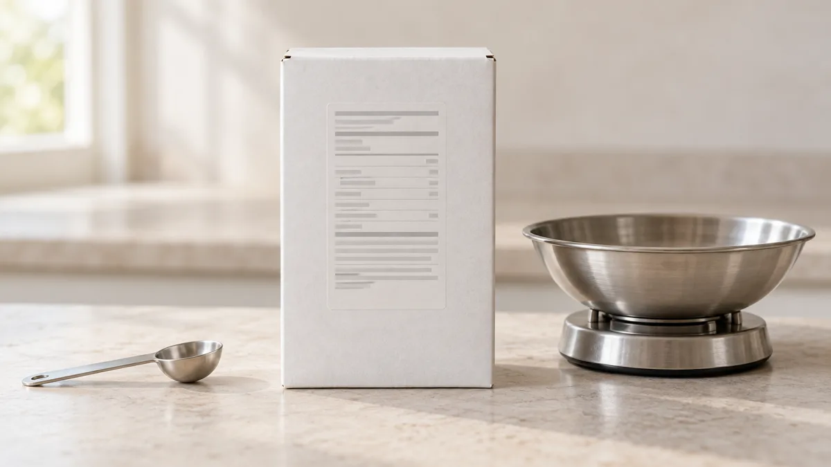 Cardboard packaging shown from the back with a block of small print and kitchen scales with a bowl nearby
