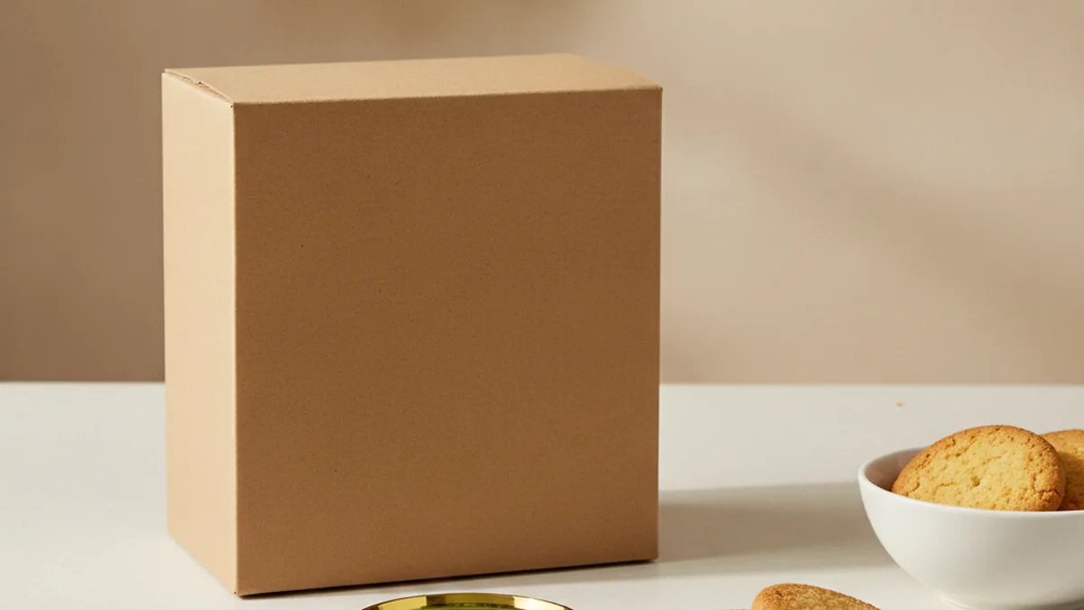 A large cardboard box without any labels on a light-colored table, next to a bowl of shortbread cookies and a golden lid