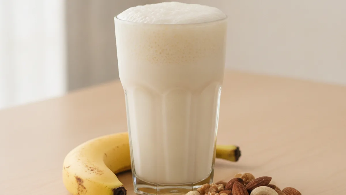 A tall glass of thick milkshake with banana and nut butter next to a handful of nuts