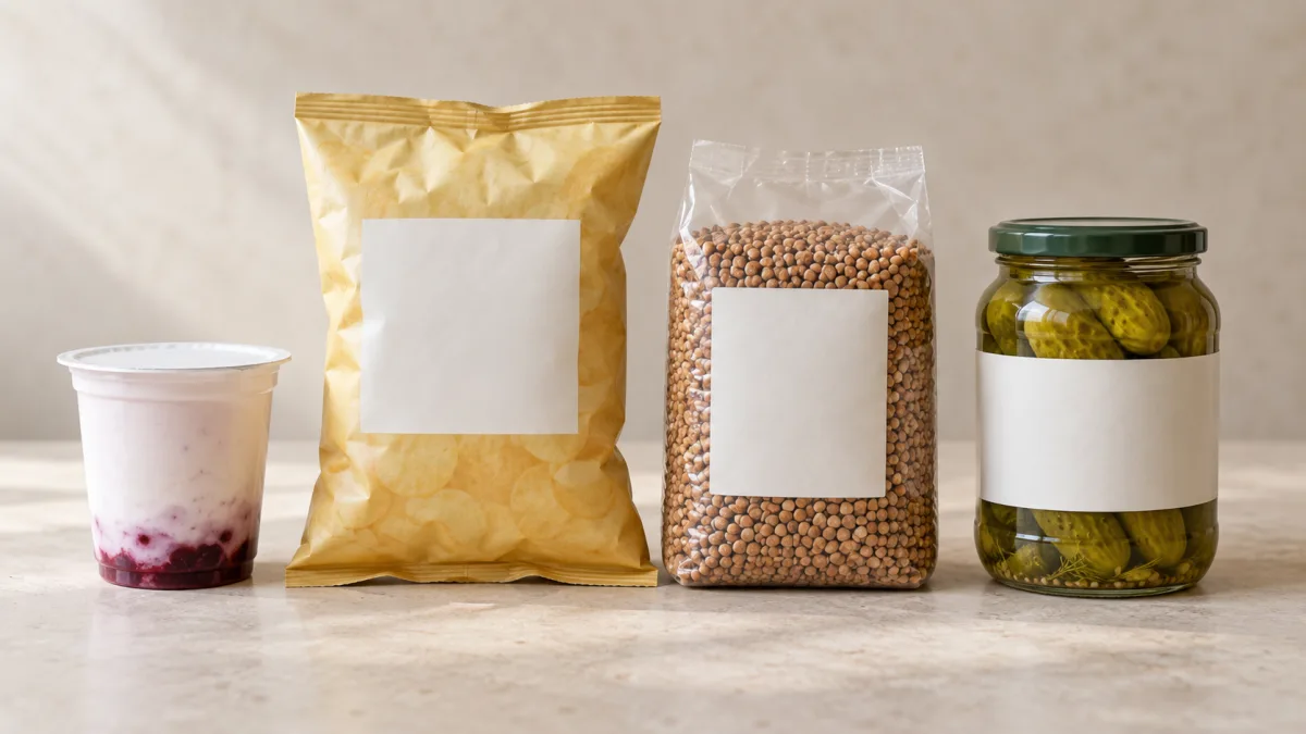 Packaging of yogurt and a bag of chips next to a jar of tomato paste and a pack of buckwheat on a light-colored table