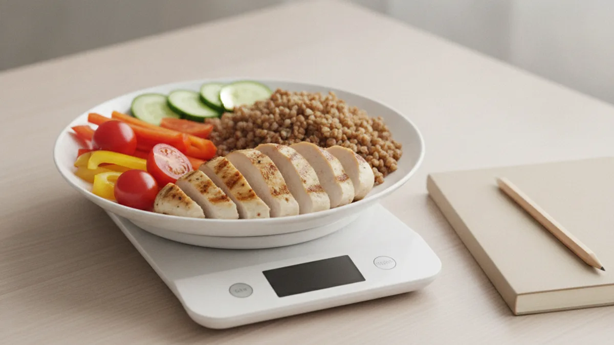 A plate of chicken, buckwheat and vegetables on a kitchen scale, with a closed notebook and a pencil beside it