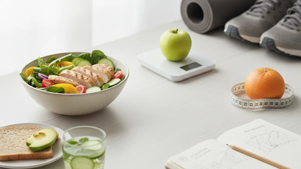 A bowl of salad with chicken, a green apple on a kitchen scale, an orange with a measuring tape, an open notebook with a pencil, a rolled-up mat, and sneakers