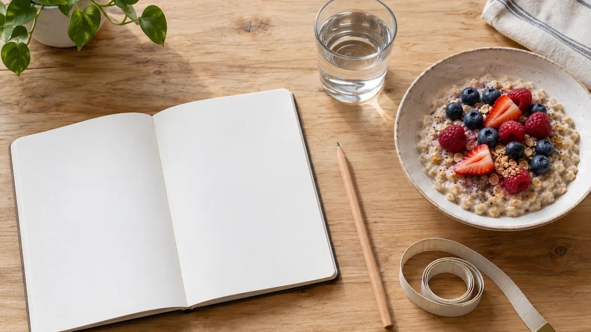 An open notebook with blank pages, a pencil, a tape measure, a glass of water and a bowl of oatmeal with berries on a wooden table