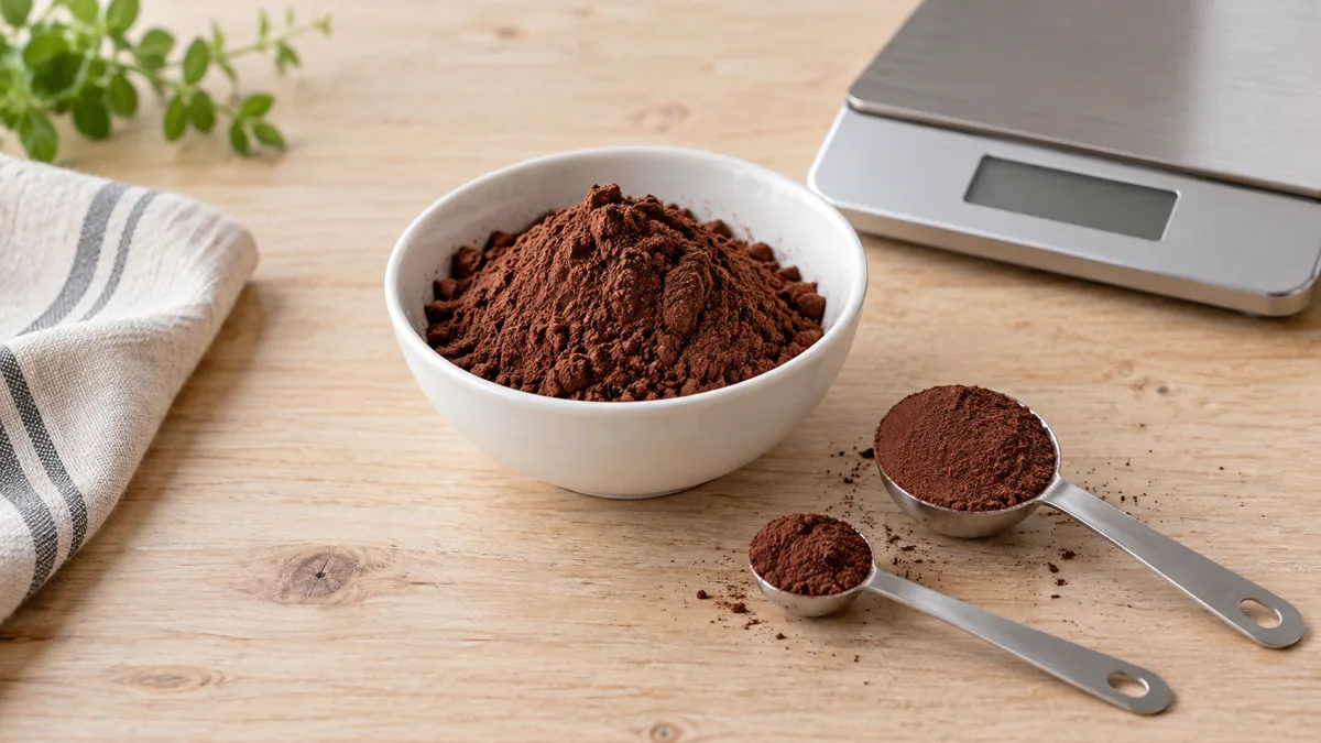 A tablespoon of cocoa powder next to a cup on a kitchen scale