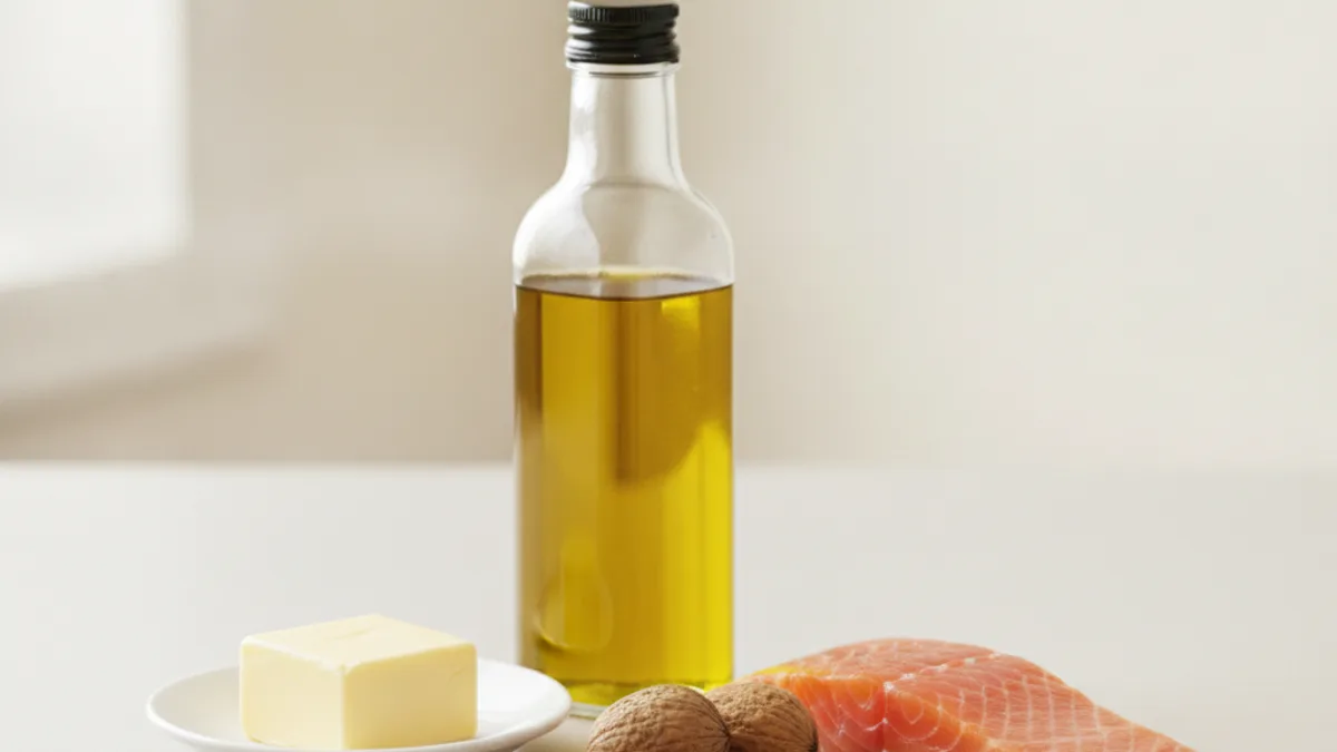 Бутылка оливкового масла, кусок сливочного масла на блюдце, горсть грецких орехов и кусок красной рыбы на светлом столе