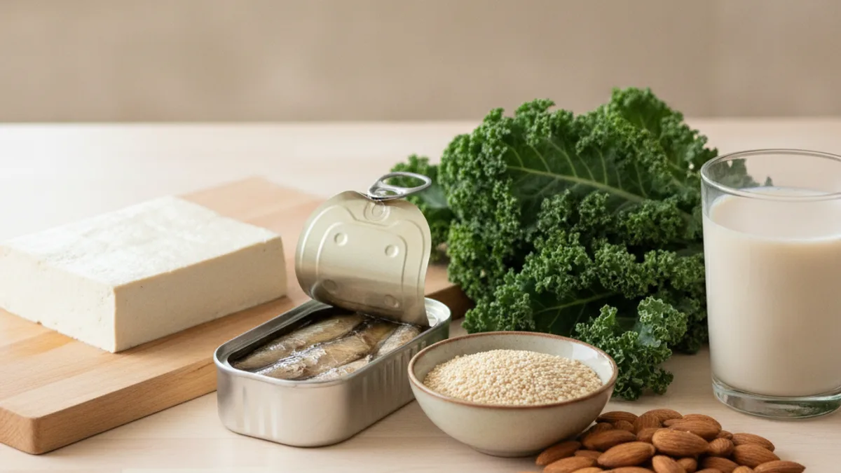 Tofu, canned sardines, sesame seeds, almonds and kale on a light table beside a glass of plant drink